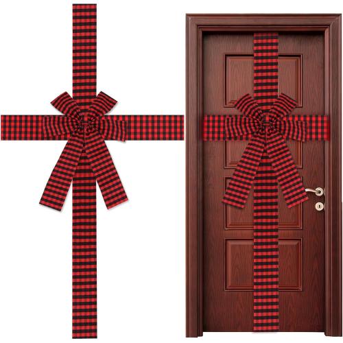 FOIMAS Christmas Cabinet Door Ribbon Bow 14inch Large Buffalo Plaid Door Ribbon Bows for Xmas Front Door Cabinet Home Decoration, Red and Black