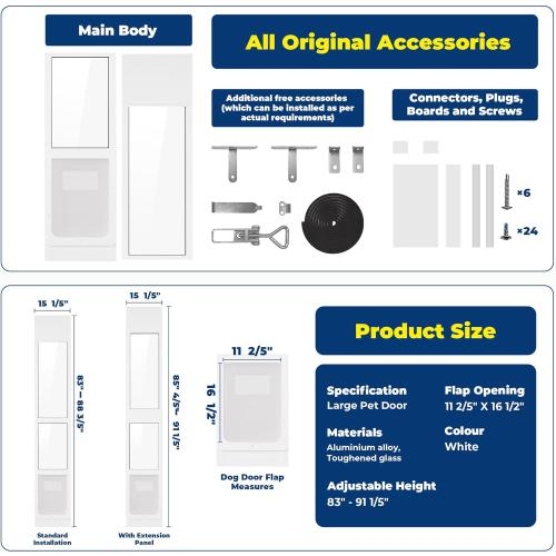 Homgava Large Dog Door for Sliding Glass Doors,No-Cut DIY Install Pet Door- Aluminum Frame& Panel & Lock, Adjustable Height 83”-91 1/5”, Suitable for Dogs Up to 105 lbs -White