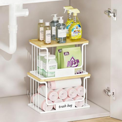 1 Pack Trash Bag Holder, Stackable Garbage Bag Dispenser Under Sink with Bamboo Top & Metal Base for Kitchen Countertop Organization and Storage, Laundry, Pantry Organizer (White, 9.7 × 5.5 × 6.3)