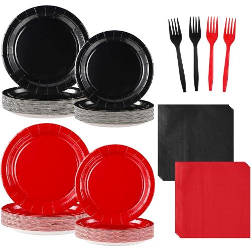 Grencian 96 Pcs Red and Black Party Supplies Black and Red Paper Plates and Napkins Disposable Valentine's Day Tableware Set for Valentines Day Red Black Wedding Birthday Party Decorations Serves 24