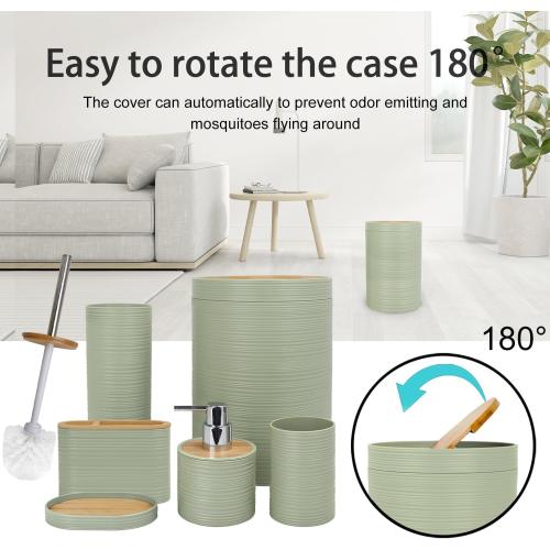 CERBIOR Bathroom Accessories Set 6 Piece Bamboo Bath Ensemble Includes Soap Dispenser, Toothbrush Holder, Toothbrush Cup, Soap Dish for Decorative Countertop and Housewarming Gift, Sriral Green