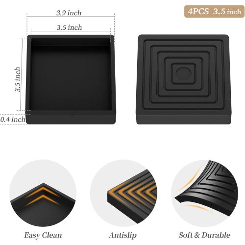 Furniture Coasters Caster Cups Rubber 3.5 inch Square No Slip Pads Hardwood Floors Protectors-for Furniture Legs Sofa Bed Piano Chair Feet Prevent Sliding Stoppers (4, Black Square 3.5 inch)