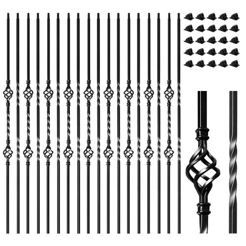 30 Pack Wrought Iron Balusters for Staircase Interior, 1/2 x 44 Hollow Deck Spindles Stair Railing Indoor with 60 Fixed Swivel Shoes, Metal Double Basket Decorative Stair - Matte Black