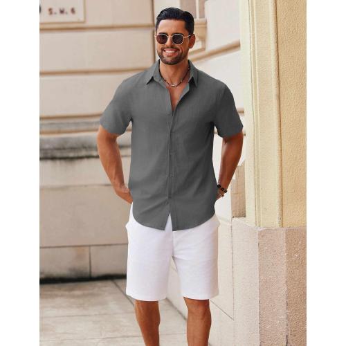 size 4X L- COOFANDY Men's Button Down Short Sleeve Shirt Casual Cotton Summer Beach Linen Wedding Shirts with Pocket