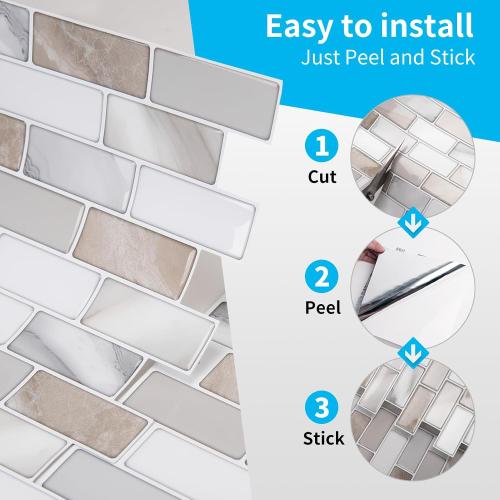 Art3d 10-Sheet Peel and Stick Backsplash Tile for Kitchen - 12”×12” Stick on Wall Tile for Kitchen Bathroom Countertop Living Room, Beige & White