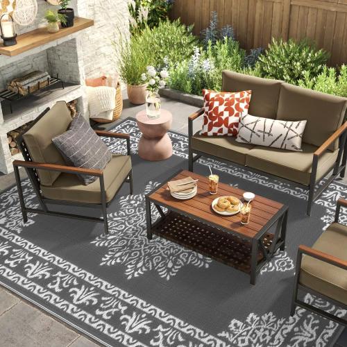 Yamaziot Outdoor Rug 5x8 Ft, Waterproof Plastic Straw Patio Rug, Reversible Backyard Carpet UV Resistant Portable RV Mat Clearance, Large Indoor Outdoor Rug for Patio, Porch, Deck, Balcony, Dark Gray