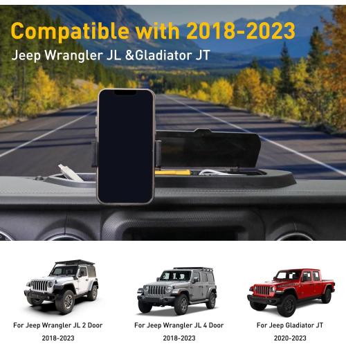 Dash Phone Mount Holder Compatible with 2018 2019 2020 2021 2022 2023 Jeep Wrangler JL 2/4 Door Gladiator JT, Center Console Storage Box Dashboard Tray, 360° Rotate Anti-Shake Jeep Accessories