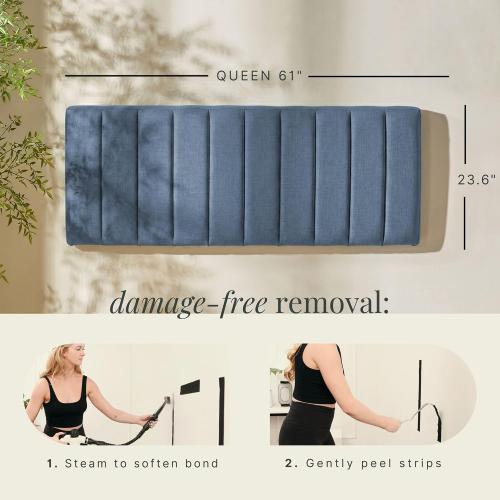 Hearth & Harbor Upholstered Queen Headboard - Easy Assemble Channel Stitched Headboard Queen Size - Wall Mounted Headboards with 3D Soundproof Wall Panels Peel & Stick Floating Headboards, Slate Blue