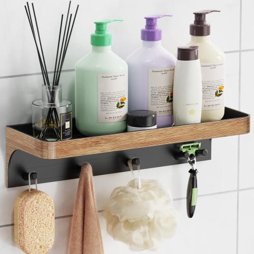 Shower Caddy Adhesive with 5 Hooks & Drainage, No-Drill, Wood