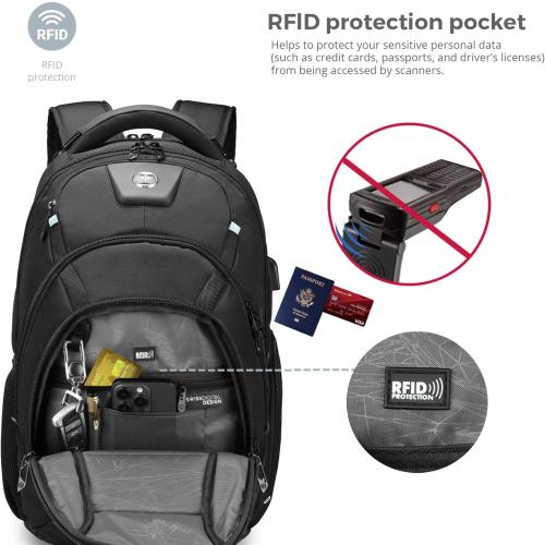 Swissdigital Design Tech Compact Slim Business Backpack for Men with Apple Find My, USB Charging Port, RFID Protection, TSA Friendly, Limited Fit for Thin 17 Inch Laptop, Black | SD1644FB-01