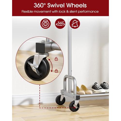 Sakugi Clothes Rack - Large-Capacity Clothing Racks for Hanging Clothes with Lockable Wheels, Space-Saving Metal Coat Rack for Bedroom, Laundry Room, Entryway, 45.6 x 16.9 x 59, Silver