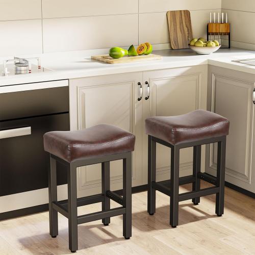 Raynesys Counter Height Bar Stools Set of 2, 24 Inch Barstools for Kitchen Island Counter, Bonded Leather Kitchen Stools with Thick Saddle Seats & Heavy Duty Metal Base, Easy Assembly, Brown/Black