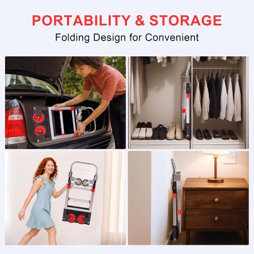 Upgraded 3 in 1 Aluminum Folding Hand Truck, 600lbs Capacity, Heavy Duty Convertible Dolly with Retractable Handle and 4 Rubber Wheels, Collapsible Cart for Moving Home, Office, Warehouse (Red)
