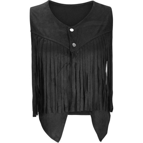 Size M Womens Vintage Western Fringe Vest Tops Classic 70s Cowboy Solid Mini Shirt Sleeveless Tassels Short Cardigan Jackets
