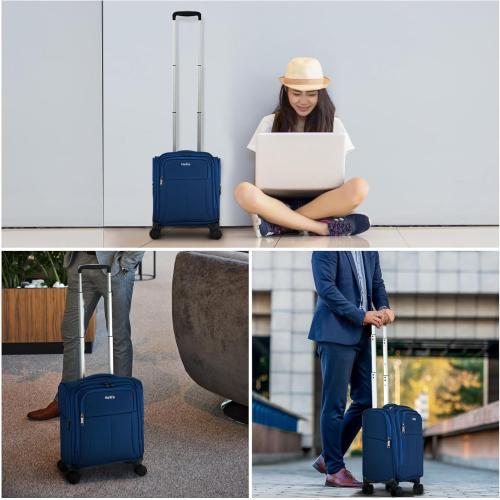 16 Inch Underseat Carry On Luggage with Wheels Softside Small Suitcases Personal Item Bag with Pocket Travel Luggage for Men Women Business Overnight Bag(Blue)