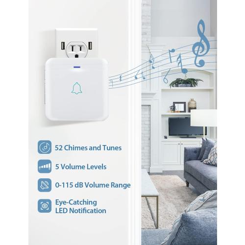 AVANTEK Wireless Doorbell, D-3W Waterproof Door Chime Kit Operating at over 1300 Feet with 2 Plug-In Receivers, 52 Melodies, CD Quality Sound and LED Flash