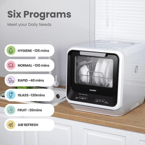 COMFEE' Portable Mini Dishwasher Countertop with 5L Built-in Water Tank for Apartments& RVs, No Hookup Needed, 6 Programs, 360° Dual Spray, 162℉ High-Temp& Air-Dry Function