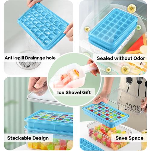 Longzon Ice Cube Tray with Lid and Bin, 56 Pcs Ice Cube Trays for Freezer, Ice Cube Mold, Ice Molds Spill-Resistant Removable Lid & Ice Scoop, Ice Mold for Whiskey Cocktail, Tea, Coffee -Blue