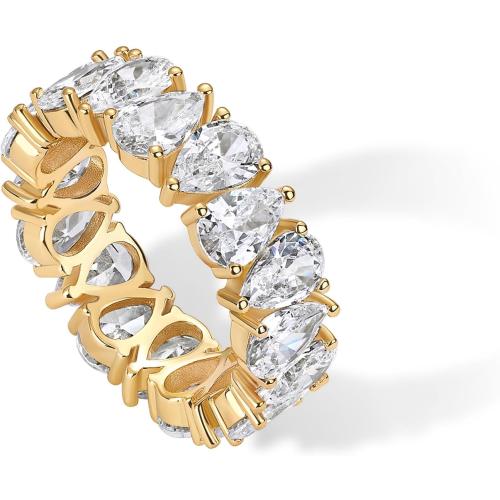 PAVOI 14K Gold Plated Pear Love Eternity Rings for Women | Gold Cubic Zirconia Ring | Bridal Eternity Wedding Band Ring