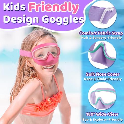 Vvinca Kids Goggles with Nose Cover Comfort Fabric Strap,Wide View Diving Mask Anti-Fog UV Swimming Goggles for Kids 3-12