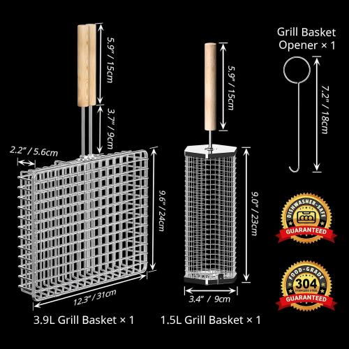 ivtivfu Grill Basket Set, Removable Wooden Handle, Rolling Grilling Tools | 304 Stainless Steel, Smoker BBQ Accessories for Vegetable Fish, Outdoor Cooking Camping, Birthday Gifts for Men Dad Husband
