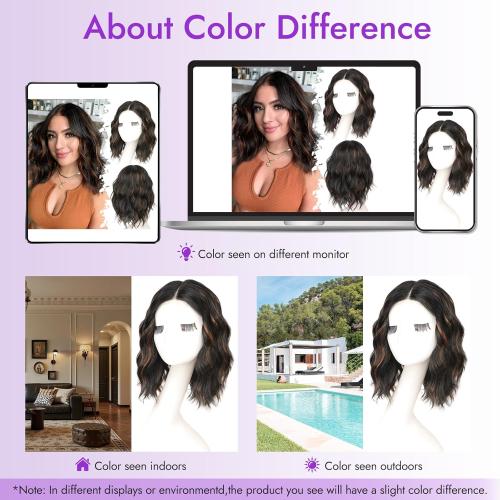 Black Mix Brown Short Wavy Wig for Women Lace Hairline Bob Style Synthetic Heat Resistant - Natural Appearance for Everyday Hairstyle 14 Inch