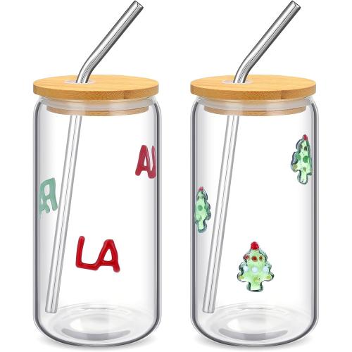 Honeydak 2 Pcs Christmas Icon Juice Glass Tumbler with Lid and Straws - 18 oz Christmas Tree & FA LA LA Drinking Glasses Coffee, Beer, Soda, Juice Cups for XMAS Party Supplies Gift