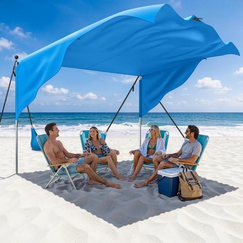 MoKo Beach Shade Canopy, 100 Sq.Ft. Wind-Supported Sunshade Sail for 4-6 People, Lightweight Easy Setup Beach Tent with UPF 50  Sun Protection for Family Travel Coastal Trips, Blue