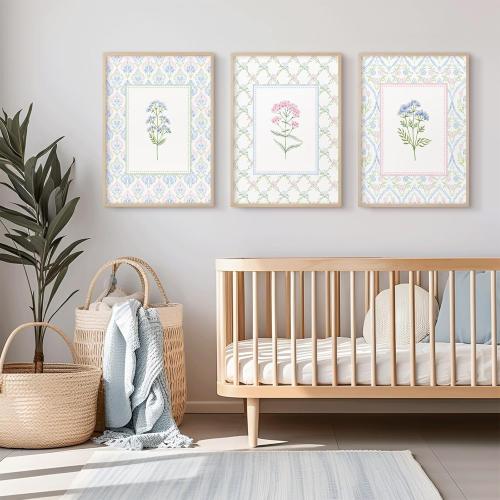 Lhoiplme Wildflower Nursery Wall Art Decor Baby Girl Room Canvas Prints Pastel Floral Wall Art Botanical Flower Pictures Pink Blue Wildflower Painting Artwork for Girls Bedroom 24x36x3 Inch Unframed