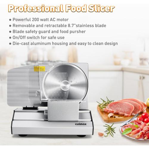 Meat Slicer,CUSIMAX Electric Deli Meat Slicer with 2 Removable 8.7''Stainless Steel Blades,Removable Food Carriage,1-20mm Adjustable Thickness Food Slicer for Home,Easy for Cut Meat,Cheese,Bread