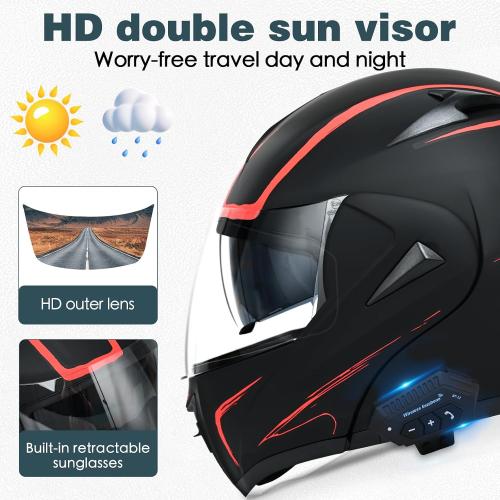 Motorcycle Bluetooth Modular Helmet, DOT Approved Dual Visor Full Face Flip Up Bluetooth Integrated Motorcycle Helmet for Adults Men and Women