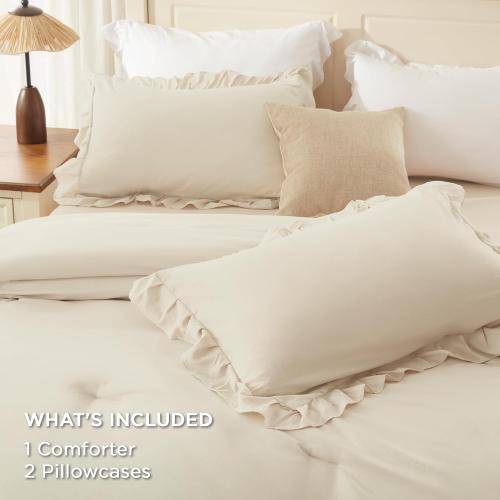 Andency Beige Full Size Comforter Set, 3 Pieces Farmhouse Shabby Chic Ruffle Comforter, Soft Lightweight Fluffy All Season Microfiber Bedding Comforter Set for Kids, Girls, Women