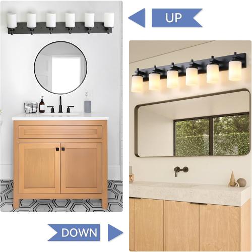 LOUSACE Bathroom Lighting Fixture Over Mirror, 6 Light Bathroom Vanity Lights Matte Black with Opal White Glass Shades, E26 Bulb Base, Wall Sconces Vanity Lighting Fixtures for Bathroom Living Room