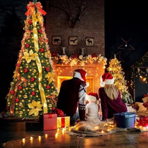 6 ft pre-lit Decorated Christmas Tree, 200 LED Warm Lights, Prelit pop-up Christmas Tree, Fully Decorated 66 Ornaments, Collapsible Pull Up Christmas Tree with Lights for Indoor Home Party Decor