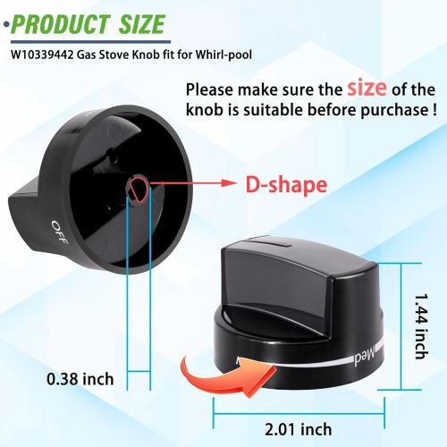 4 Pack- W10339442 Stove Knobs Fit for Whirl-Pool Gas Range Stove WFG320M0BB0 WFG320M0BB1 WFG320M0BB2 WFG320M0BS0 WFG320M0BS2 WFG320M0BS3 WFG320M0BW0 WFG320M0BW1 WFG505M0BB0 WFG505M0BB1 WFG505M0BB2