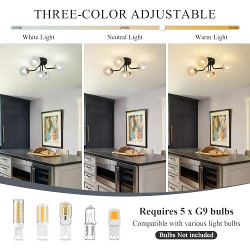 Semi Flush Mount Ceiling Light Black 5-Lights Sputnik Ceiling Light Mid Century Modern Clear Glass Globe Close to Ceiling Light for Bedroom Kitchen Entryway Closet
