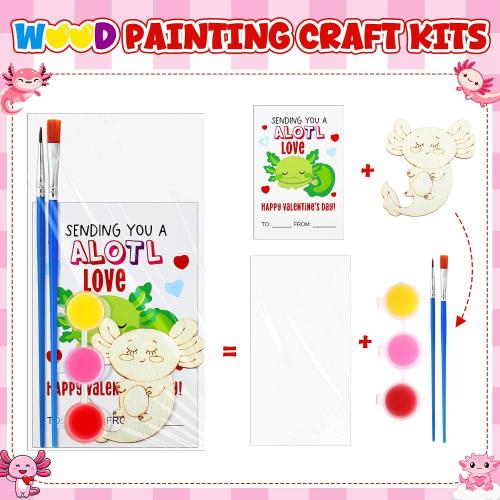 Leinuosen 28 Sets Valentine's Day Axolotl Party Favors Wood Painting Craft Kits with DIY Art Supplies and Cards for Birthday Party Goodie Bag Fillers Prizes Exchange