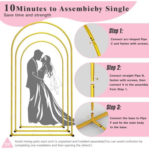 Metal Arch Backdrop Stand ,Set of 3 (4 ft/5 ft/6 ft) Round Top Wedding Arch Frame Gold Balloon Arch Stand for Wedding/ Birthday Party/ Baby Shower/ Graduation Ceremony Banquet Decoration