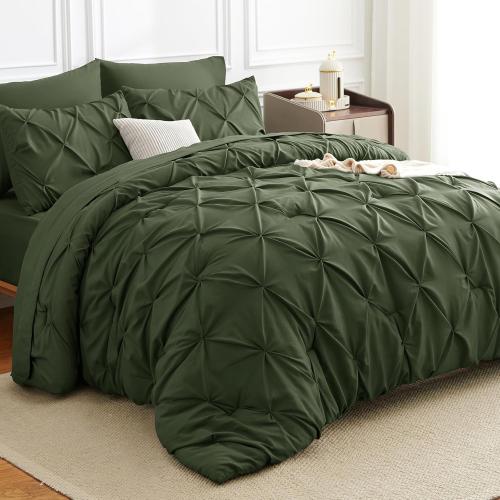 CozyLux California King Comforter Set Olive Green, 7 Pieces Cal King Pintuck Bed in A Bag, Pinch Pleat Bedding Sets with All Season Comforter, Flat Sheet, Fitted Sheet, Pillowcases & Shams