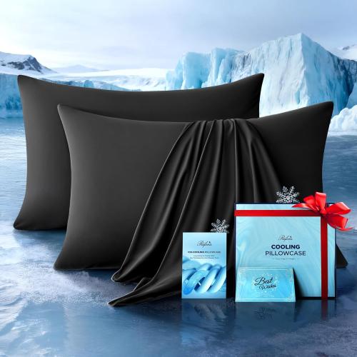 Ultra-Chill Cooling Pillowcase Set of 2 for Hot Sleepers, Softer Than Silk Pillow Cases for Protecting Hair & Skin, Breathable Bed Pillow Covers w/Zipper, Gifts for Women Men (Black, Queen)