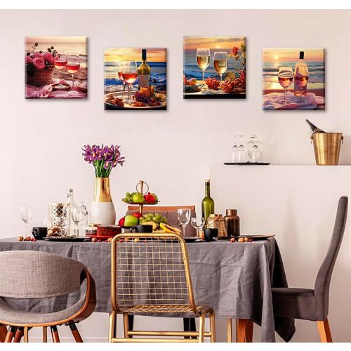 Kitchen Decor Dining Room Wall Art Wine Glass Still Life Fruit Goblet Canvas Prints Artwork Beach Sunset Landscape Romantic Poster Bar Restaurant Home Decoration Framed Ready to Hang 12X12X4 Panels