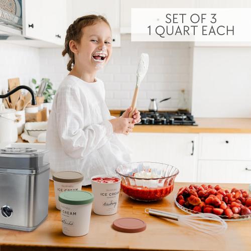 ZICOTO Set of 3 Reusable Ice Cream Containers 1 Quarts ea. - Perfect for Homemade Sorbet, Frozen Yogurt Or Gelato - Stackable Storage Pint Containers, Stickers And Lids Stores Easily In Freezer