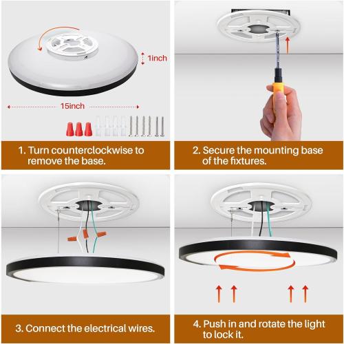 15 Inch LED Flush Mount Ceiling Light with Remote, 36W 3600LM 1800K/2700K/4000K/6500K Dimmable Ceiling Light with Night Light Low Profile Ceiling lights for Bedroom, Dining Room, Living Room-Black