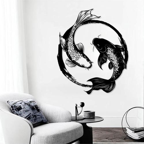 Metal Koi Fish Wall Decor, Koi Fish Metal Wall Art, Feng Shui Koi Fish, Yin Yang Wall Art, Zen Art Wall Decor, Feng Shui Home Design, Spiritual Metal Sign, Bathroom Wall Decor (Gold, 30x35|75x90cm)