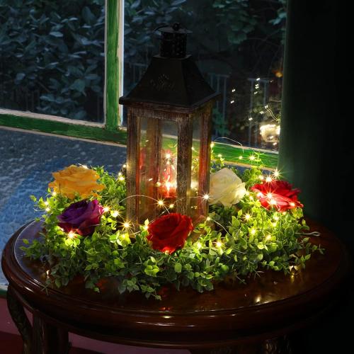 Dolicer 2 Packs Eucalyptus Garland with LED Lights String, 12FT Faux Eucalyptus Greenery Garland, Artificial Hanging Green Leaves Vine Wedding Backdrop Arch Wall Table Decor (Green)