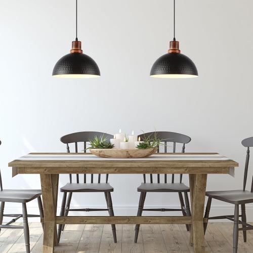 Size 11.8 Color Black Pendant Lights Kitchen Island, 11.8 Hammered Metal Black Dome Pendant Lighting Black and Wood Pendant Light Fixture Hanging Ceiling Light for Dining Living Room Restaurant Sink