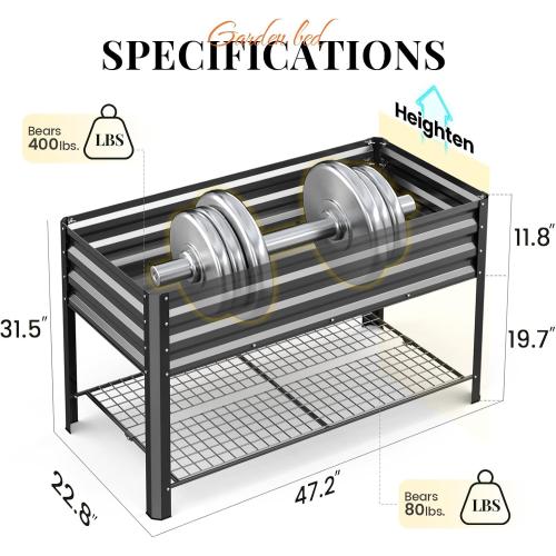 KING BIRD Large Raised Garden Bed with Legs & Storage Shelf Galvanized Elevated Planter Box for Backyard, Patio, Balcony, 400lb Capacity, Dark Grey 48×24×31.5 in