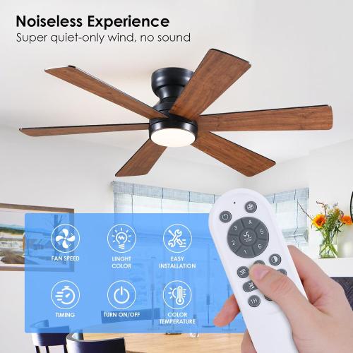 Asyko 46Brown 6-Blade Modern Low Profile Ceiling Fan with Light and Remote