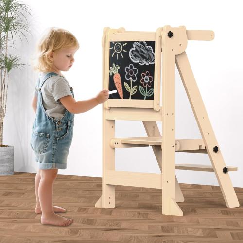 Foldable Toddler Tower, Wooden Toddler Kitchen Stool with 3 Adjustable Heights and Removable White/Blackboard, Montessori Foldable Learning Tower Kitchen Stool, Natural Wood