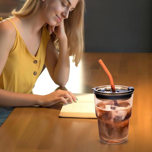 Iced Coffee Cup, 15 oz Glass Cups With Lids And Straws, Iced Coffee Glasses Tumbler, Thick Wall Mug For Tea Water With 2 Straw And Leather Sleeve, Glass Tumbler Gifts